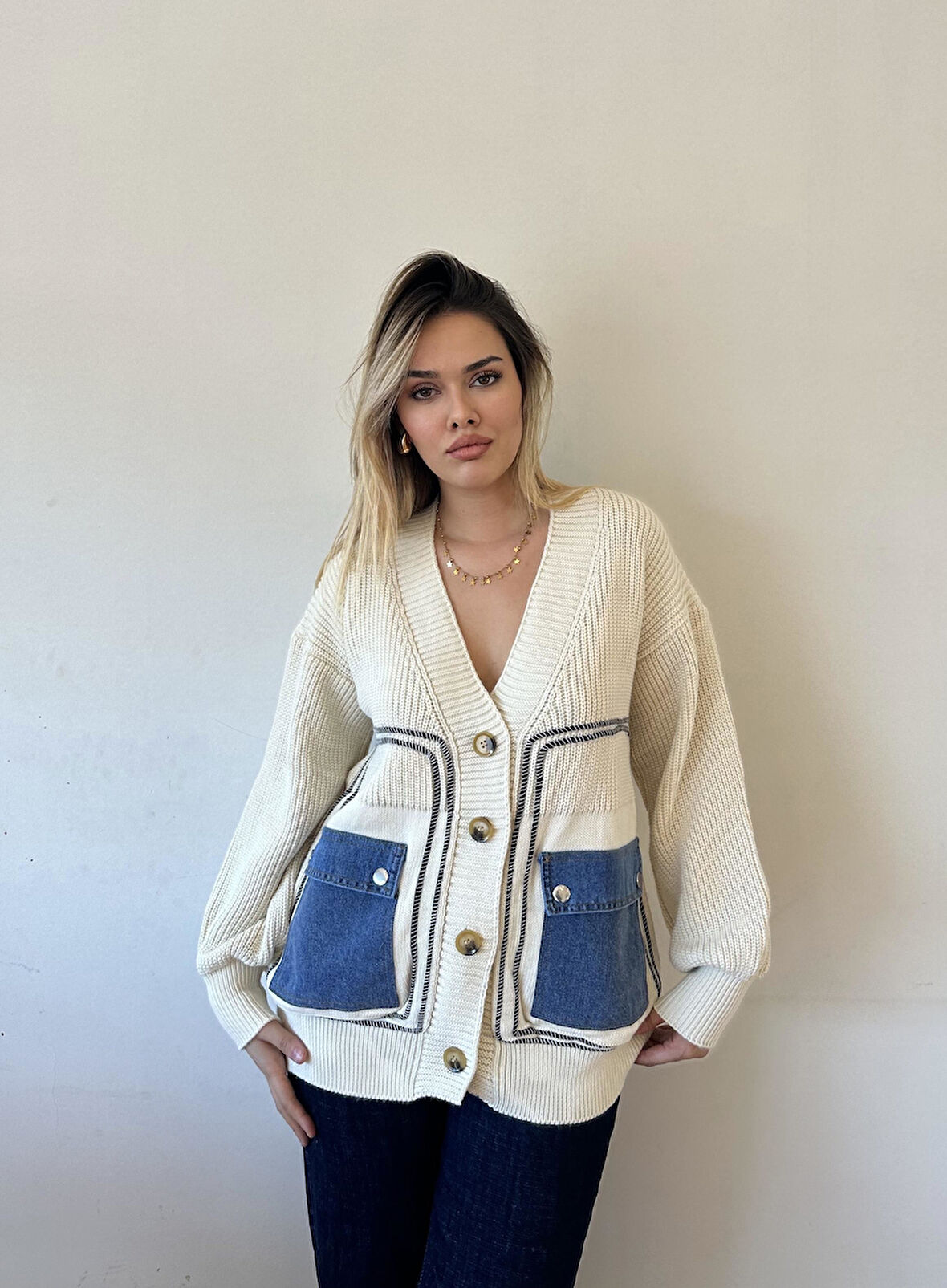 Jean Detaylı Lüx Kalite Tasarım Ceket-Ekru