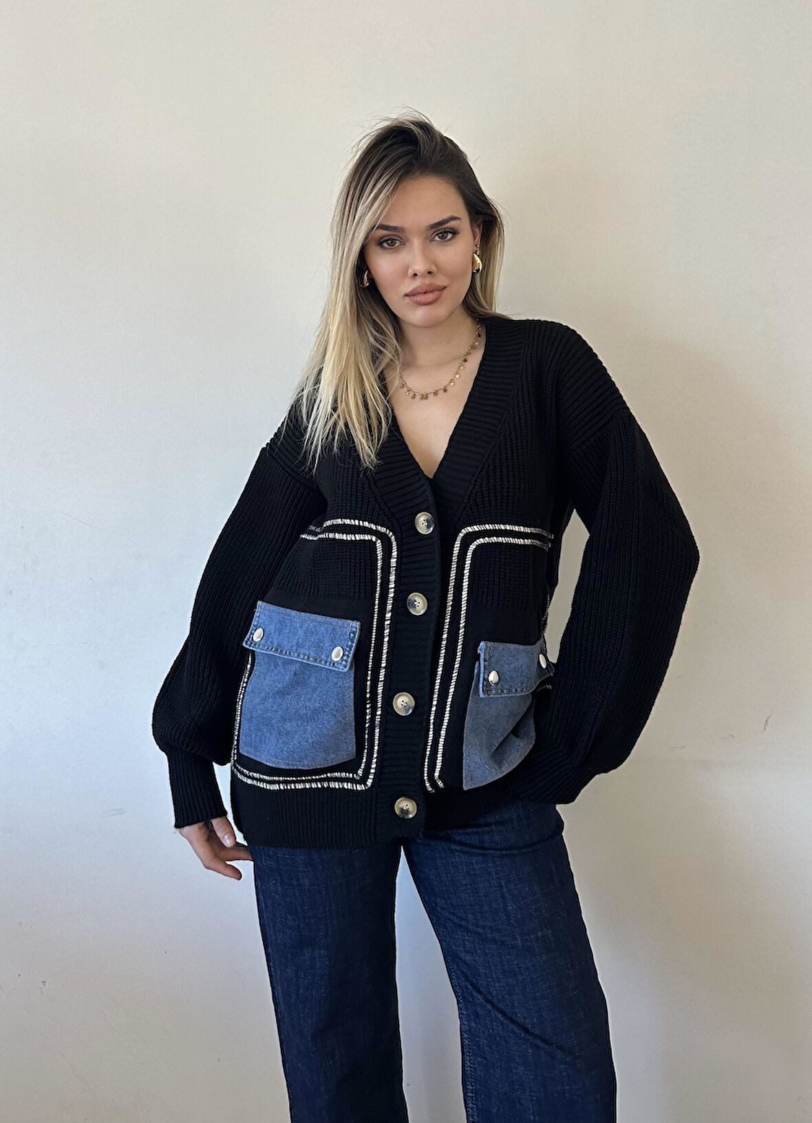 Jean Detaylı Lüx Kalite Tasarım Hırka-Siyah