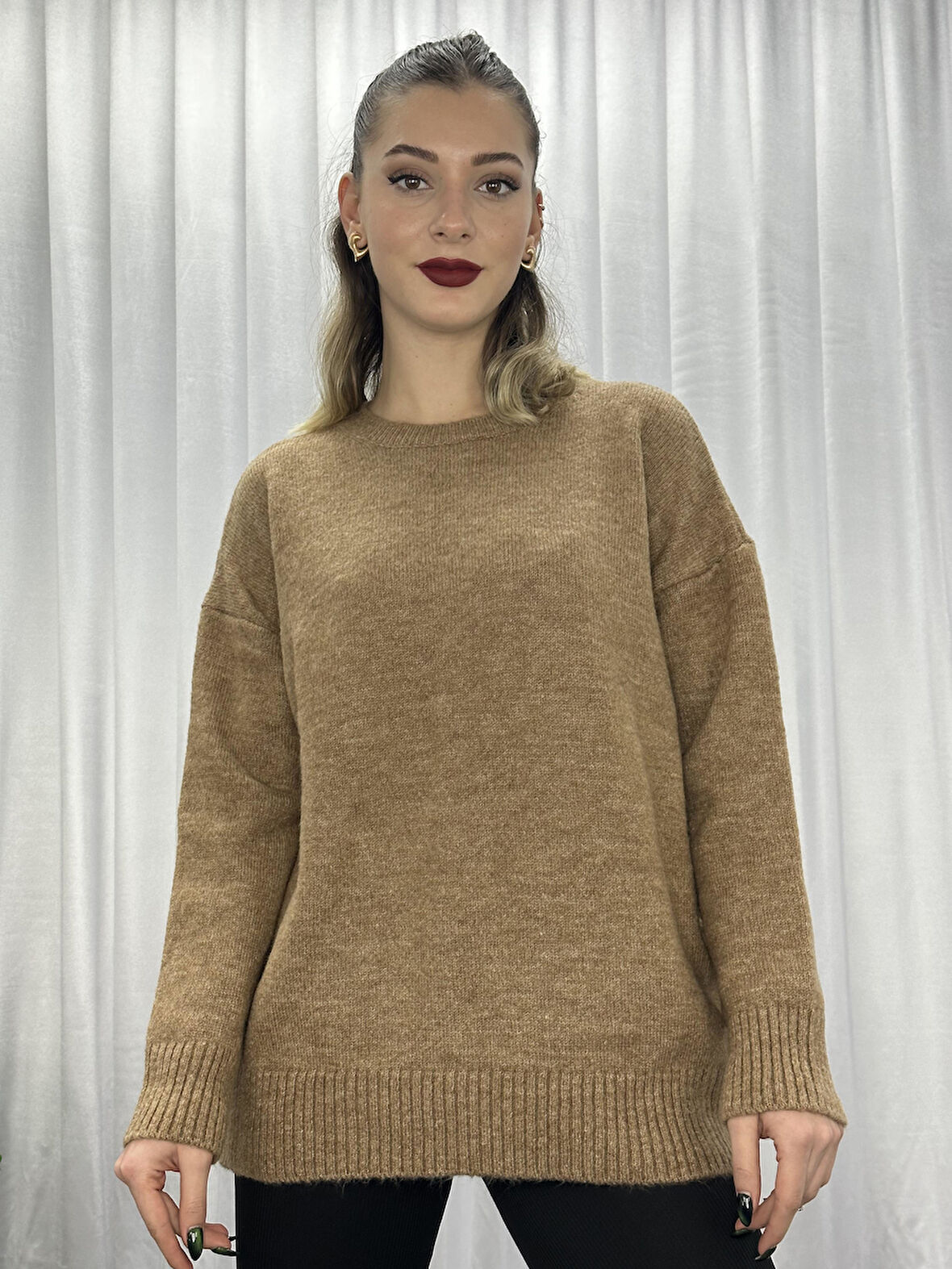 Lüx Kalite Oversize Basic Yumoş Kazak-Camel