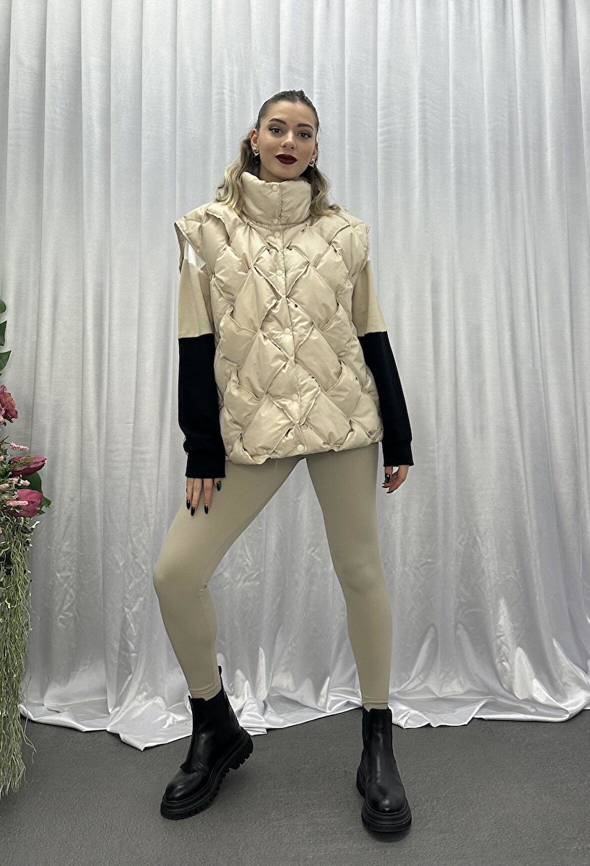 Puffer Oversize Yelek-Bej