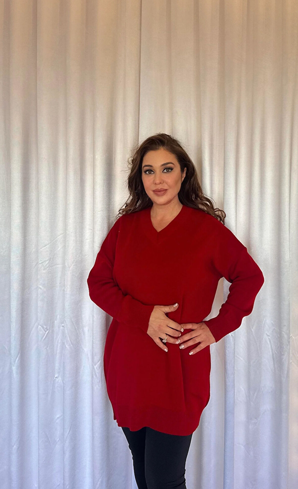 Tunik V Yakalı Triko  Kazak-Kırmızı