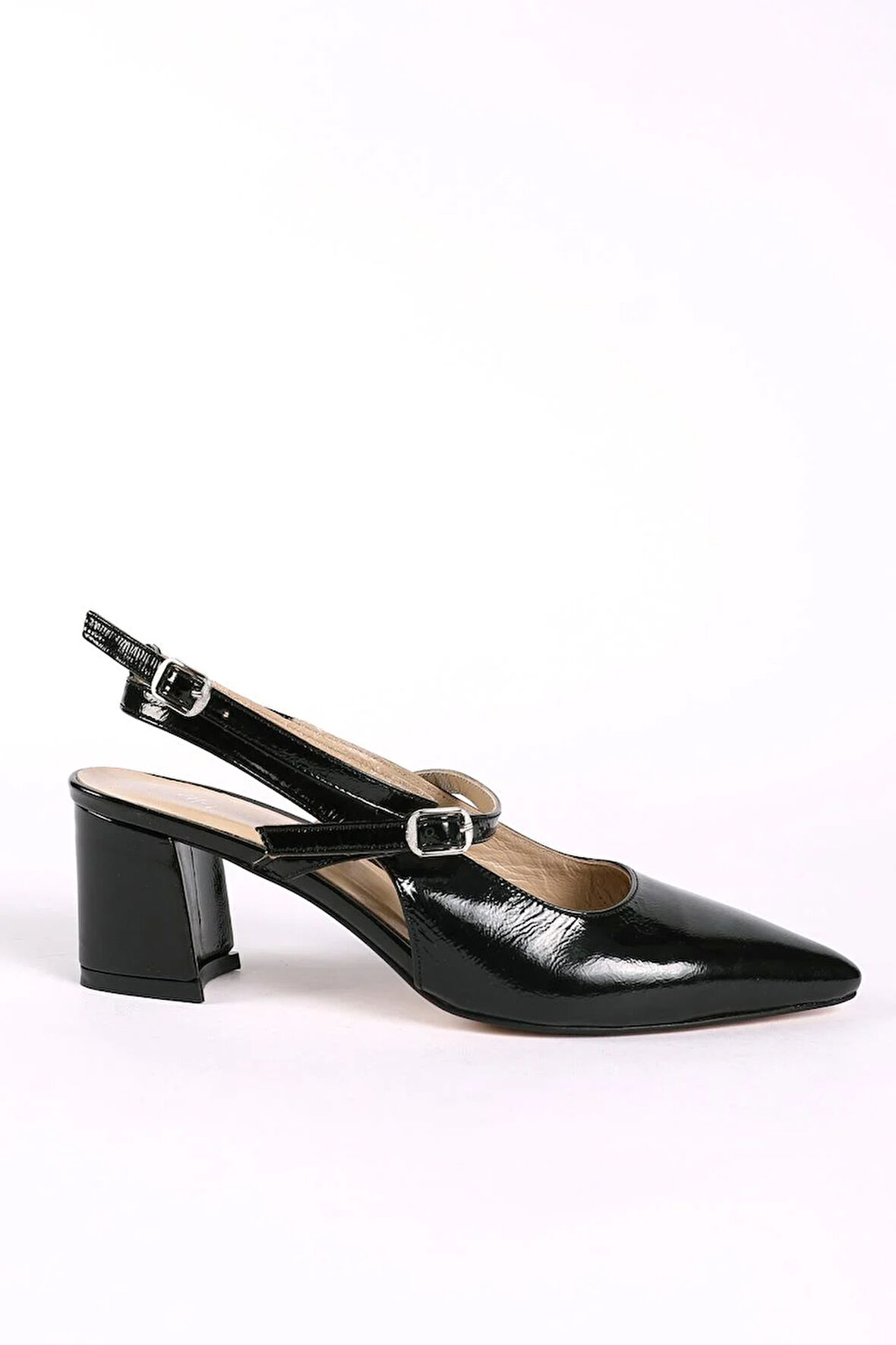 Kadın Hakiki Deri Arkası Açık Topuklu Ayakkabı Siyah Rugan