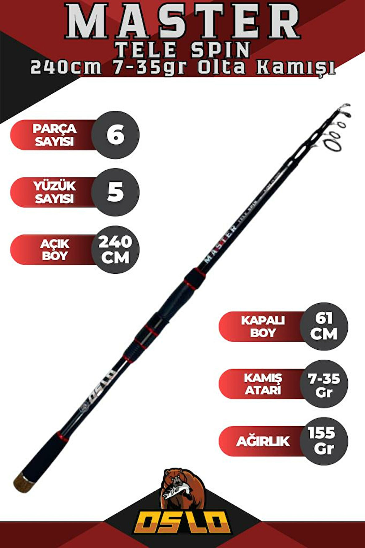 Oslo Master  240cm 7-35 gr Tele Spin Olta Kamışı 