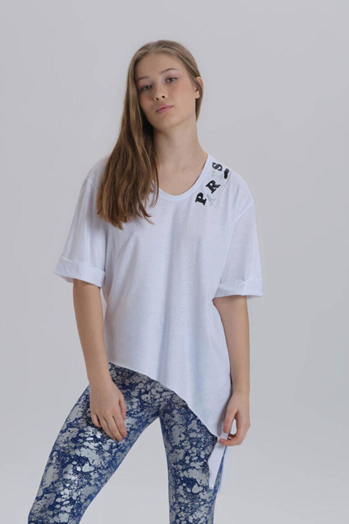 Antrasit Kadın Paris Baskı Detay Asimetrik Kesim T-shirt