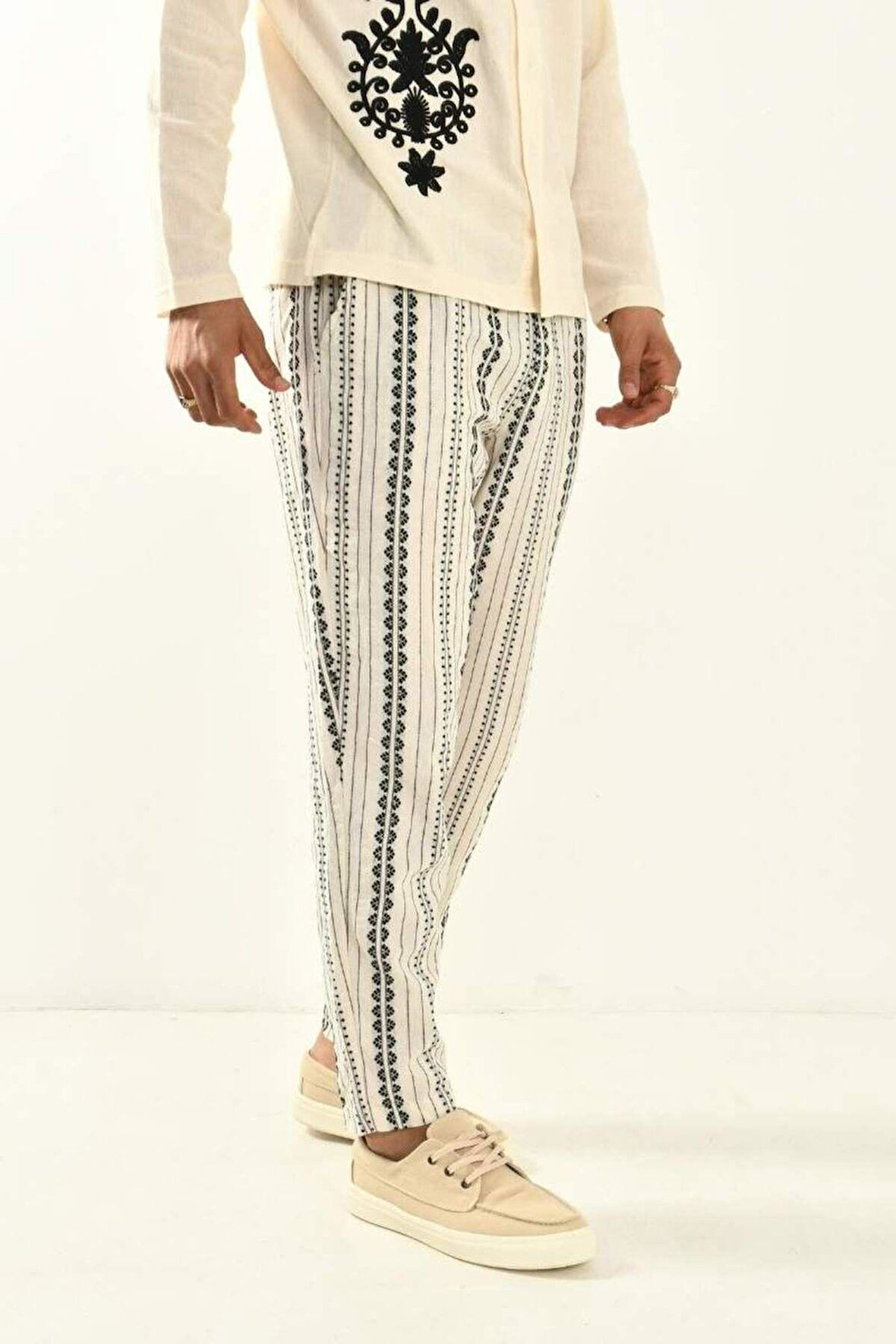 Bej Desenli Bohem Keten Pantolon 450349