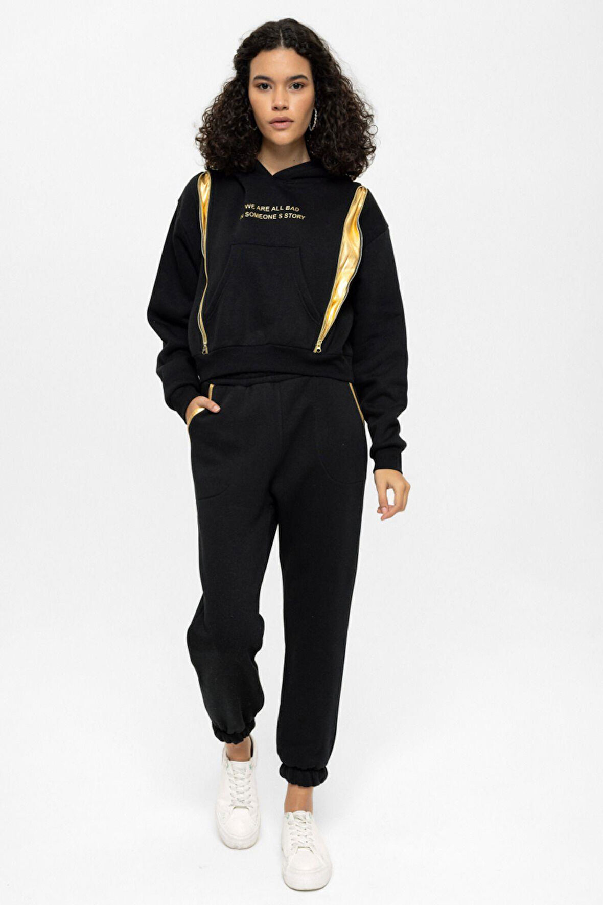 Gri Fermuar Detaylı Kapüşonlu Ribana Paça Eşofman Takımı