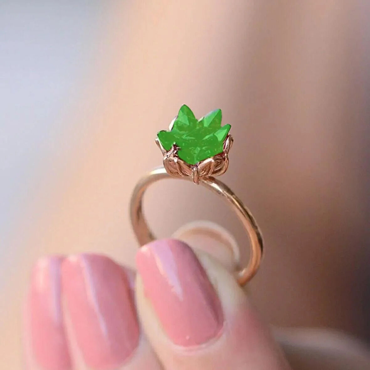 Ayarlanabilir Yeşil Taşlı Lotus Çiçeği 925 Ayar Gümüş Yüzük