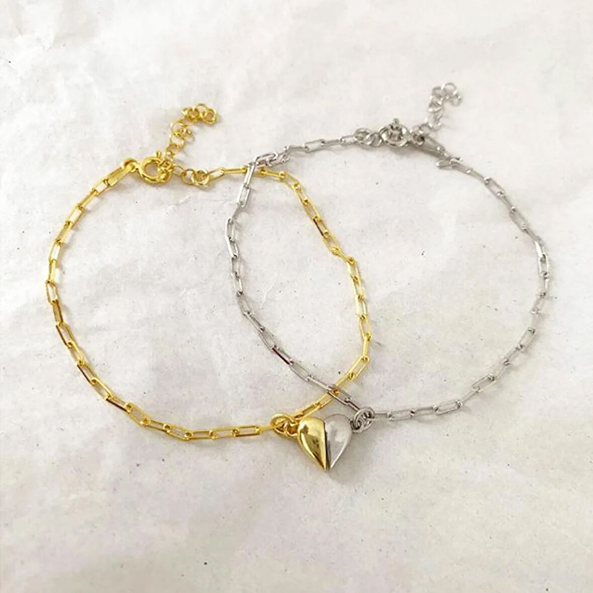 Mıknatıslı Kalp Çift Gümüş Bileklik