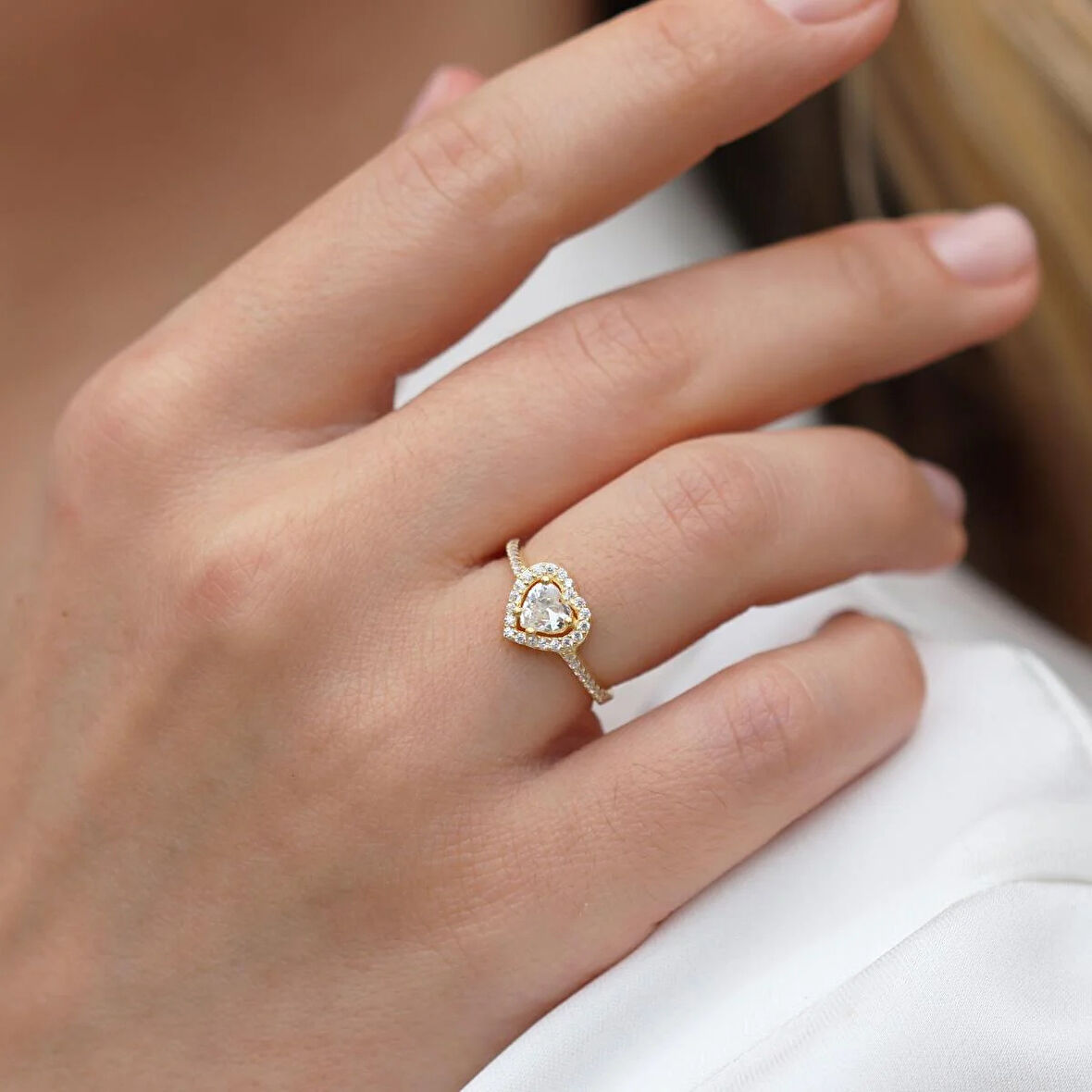 Kalp Pndr Model Zirkon Taşlı Gold Gümüş Yüzük