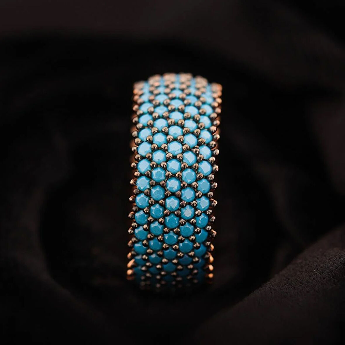 Pırlanta Montür Rose Kaplama 5 Sıra Turkuaz Tamtur Gümüş Yüzük