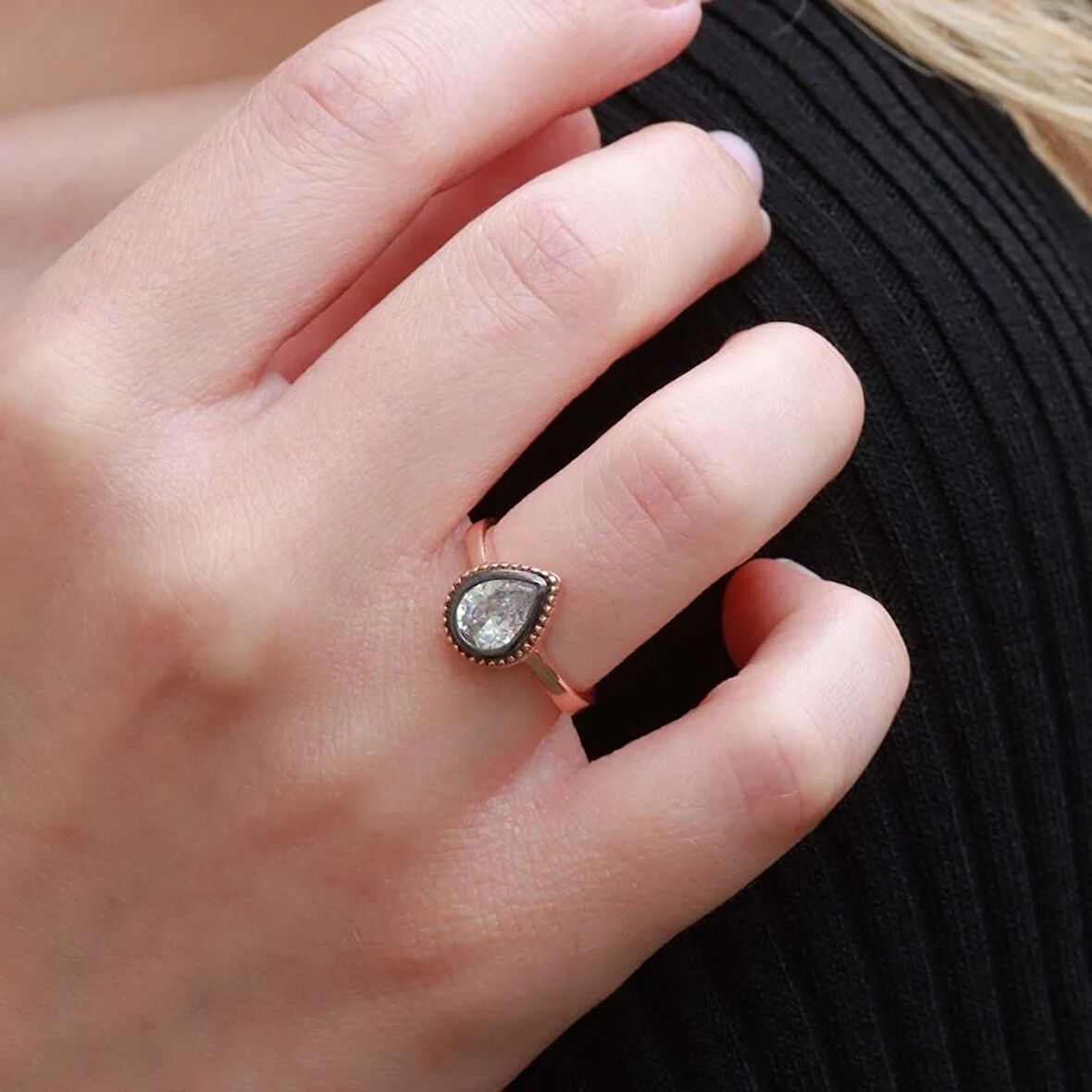 Damla Elmas Montür Rose Gold Kaplama Gümüş Yüzük