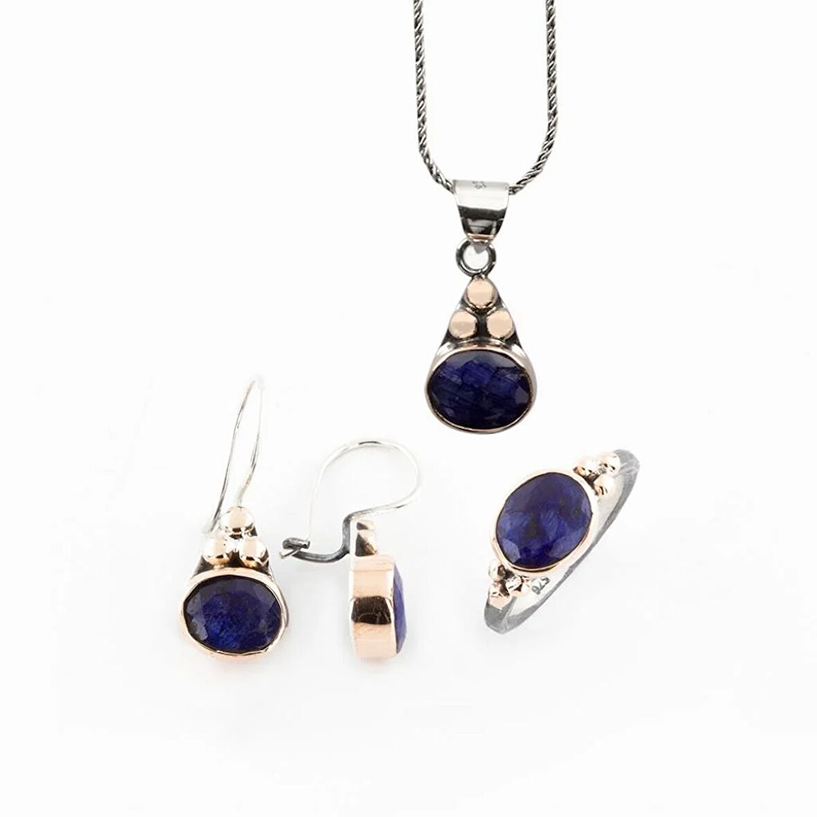 Kök Safir Taşlı Gümüş Otantik Set