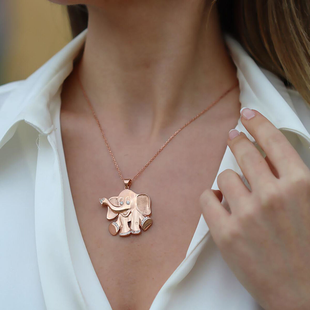 Fil Figürlü Rose Gold Gümüş Kolye