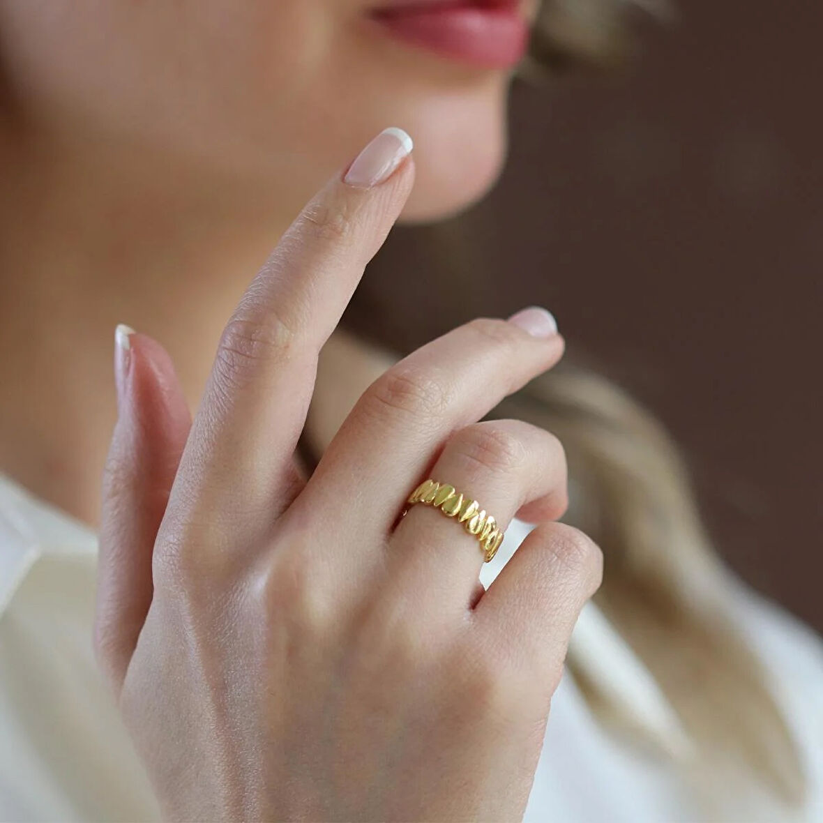 Damla Bombeli Gold Ayarlanabilir Gümüş Yüzük