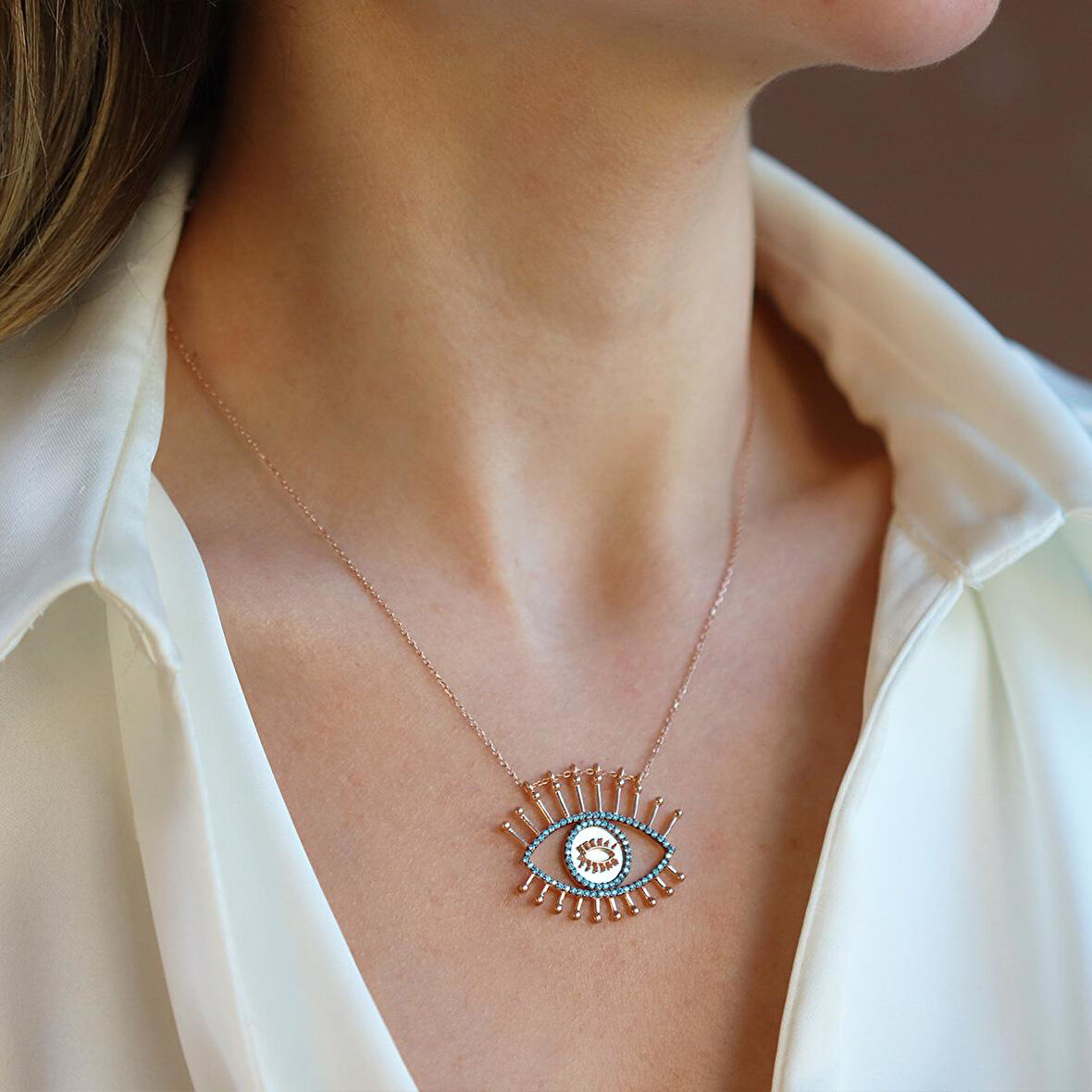 Göz Turkuaz Taşlı Rose Gold Gümüş Kolye