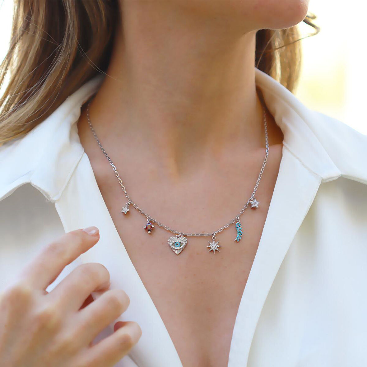 Apm Renkli Taşlı Gümüş Şans Kolyesi