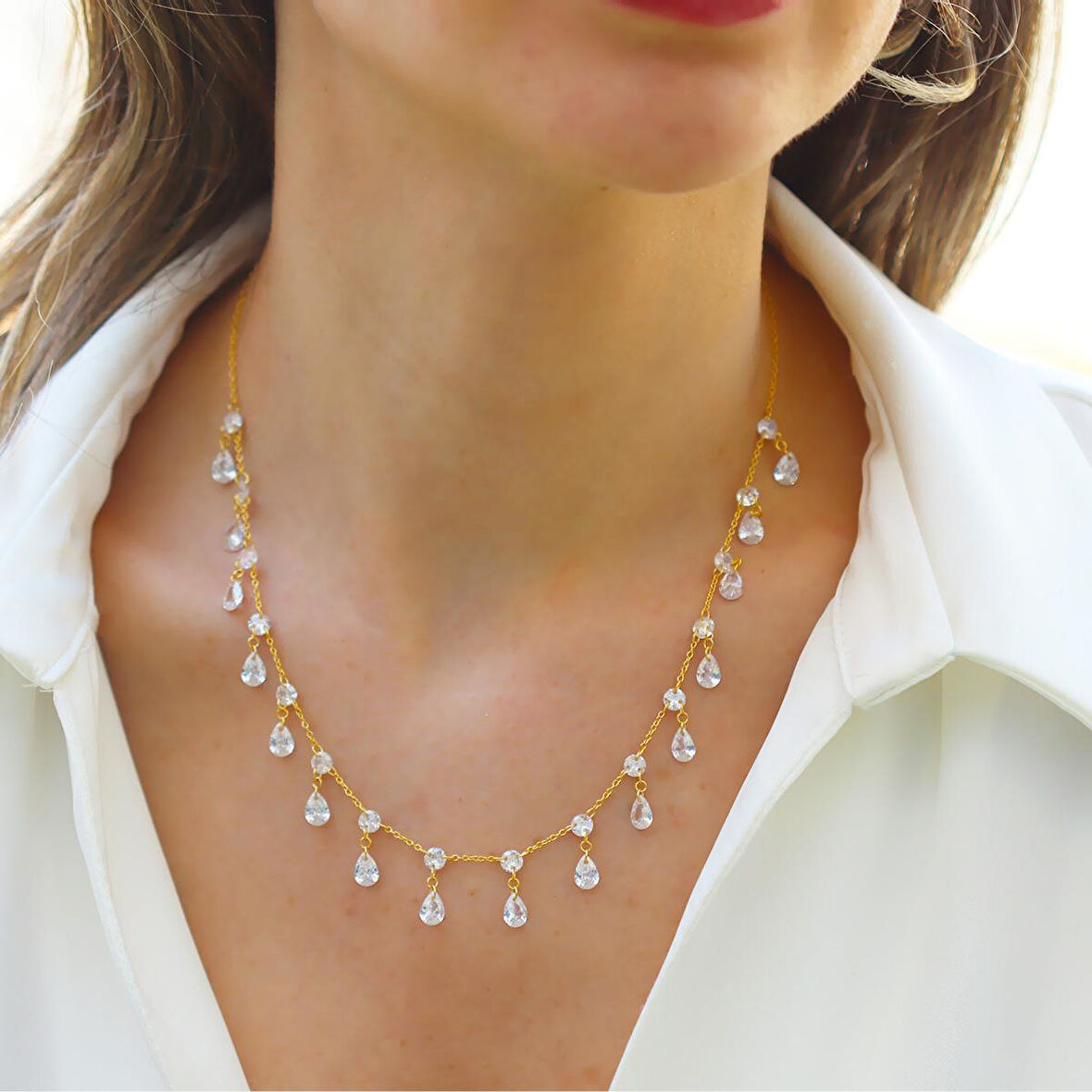 Kristal Damla Taşlı Trend Gümüş Kolye