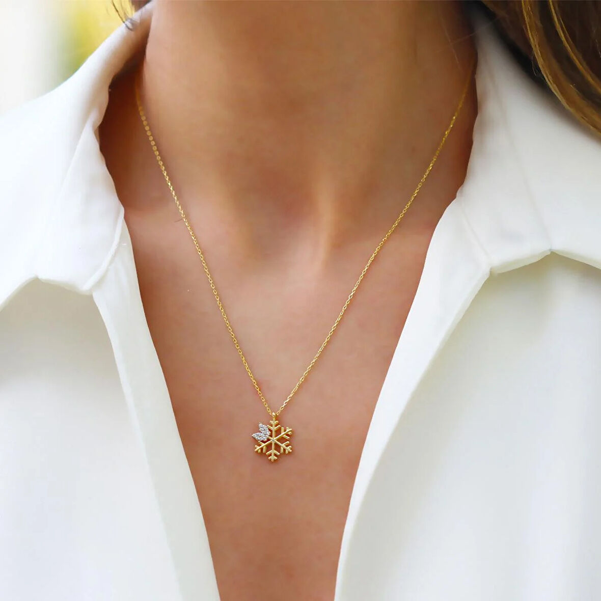 Kelebek Kar Tanesi Gold Gümüş Kolye