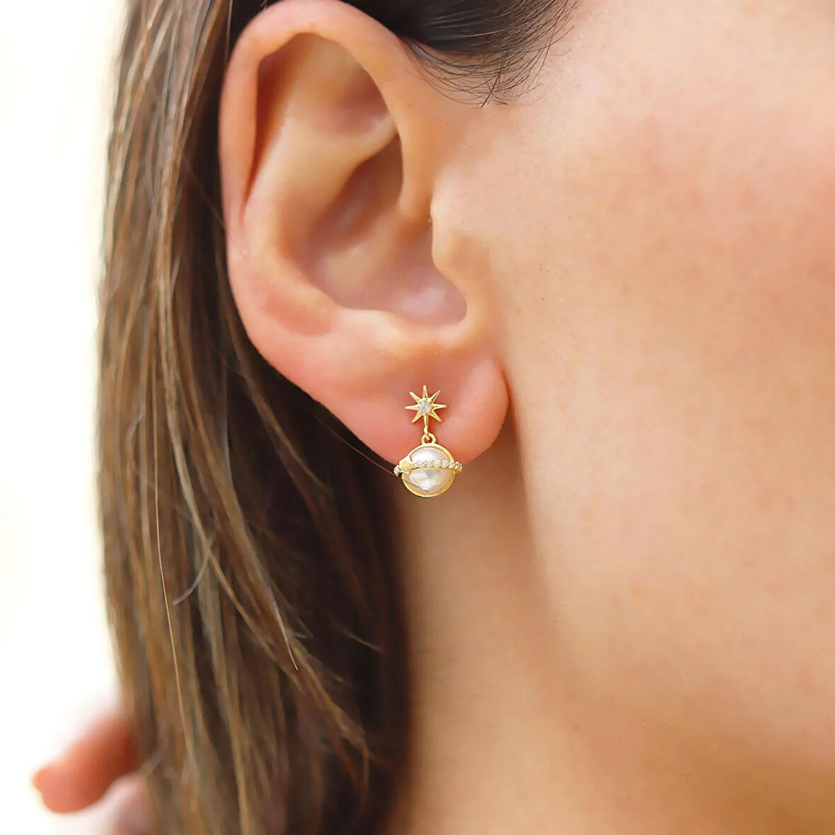 Mini İncili Kutup Yıldızı Gümüş Küpe