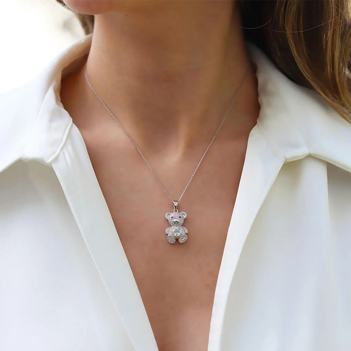 Bear Zirkon Taşlı Gümüş Kolye