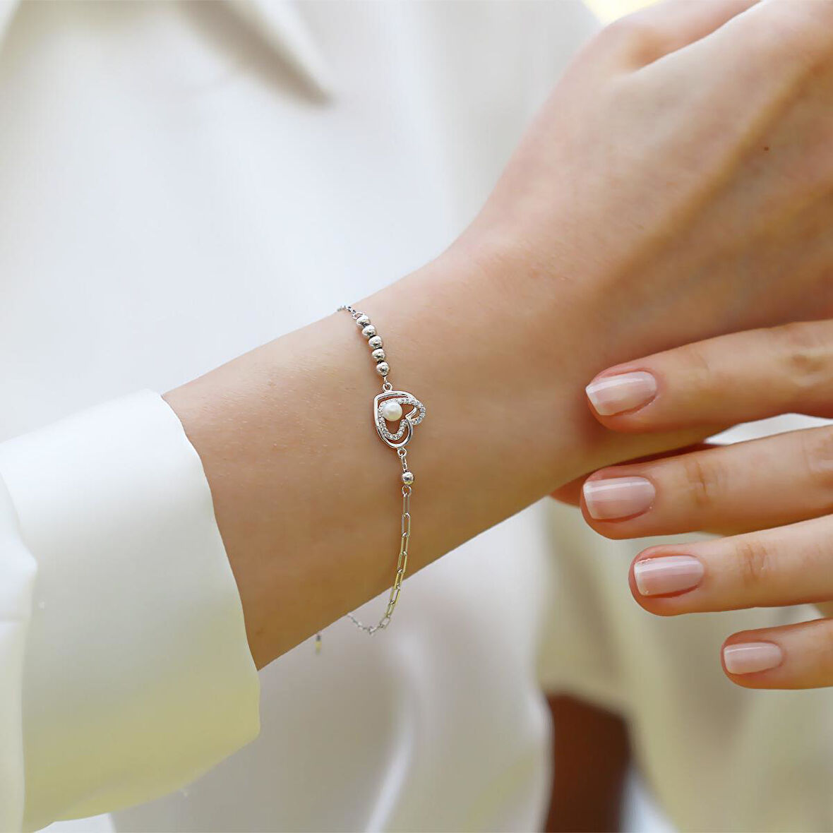 Kalp İncili Trend Gümüş Bileklik