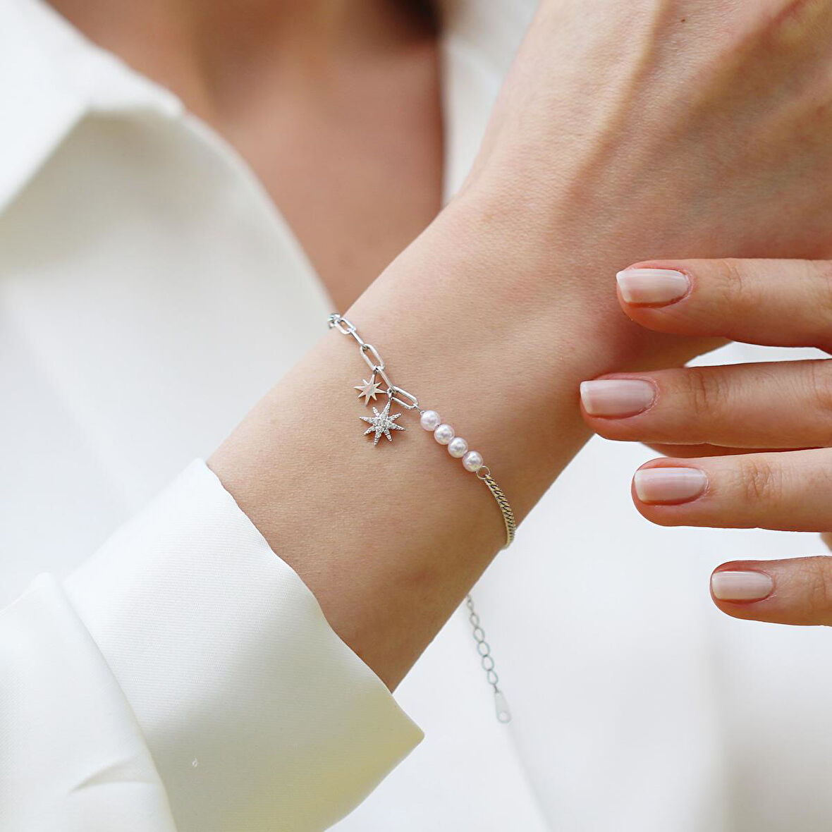 İncili Kutup Yıldızı Gümüş Trend Bileklik