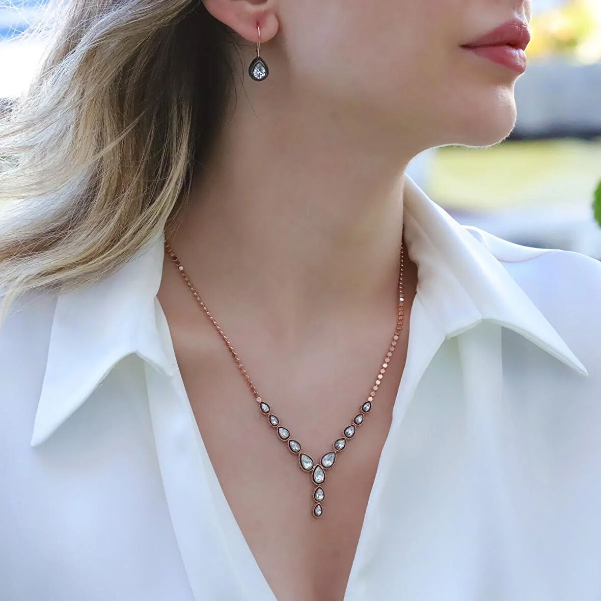 Damla Elmas Montür Modeli Rose Gold Gümüş Set