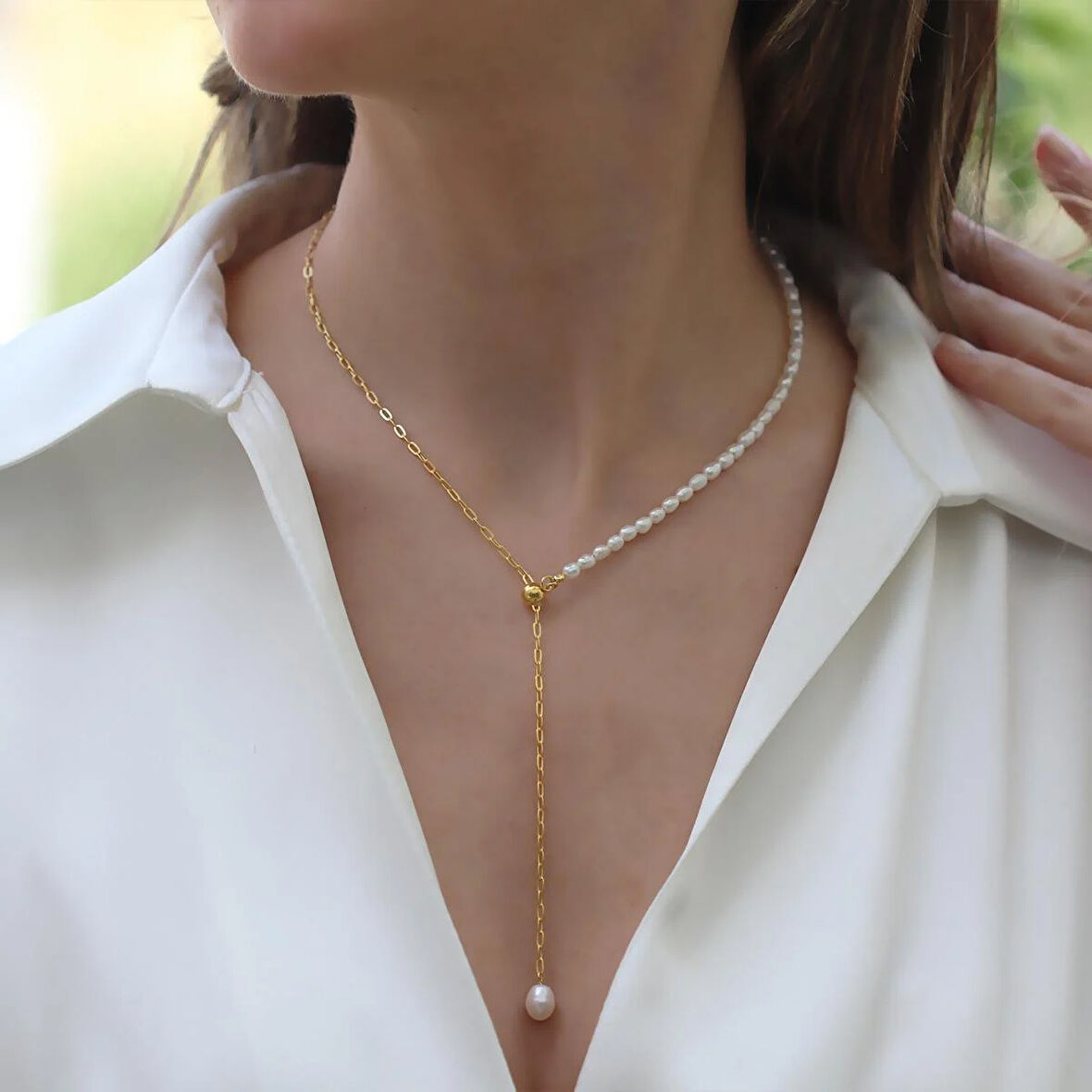 İncili Asansörlü Gold Gümüş Trend Kolye