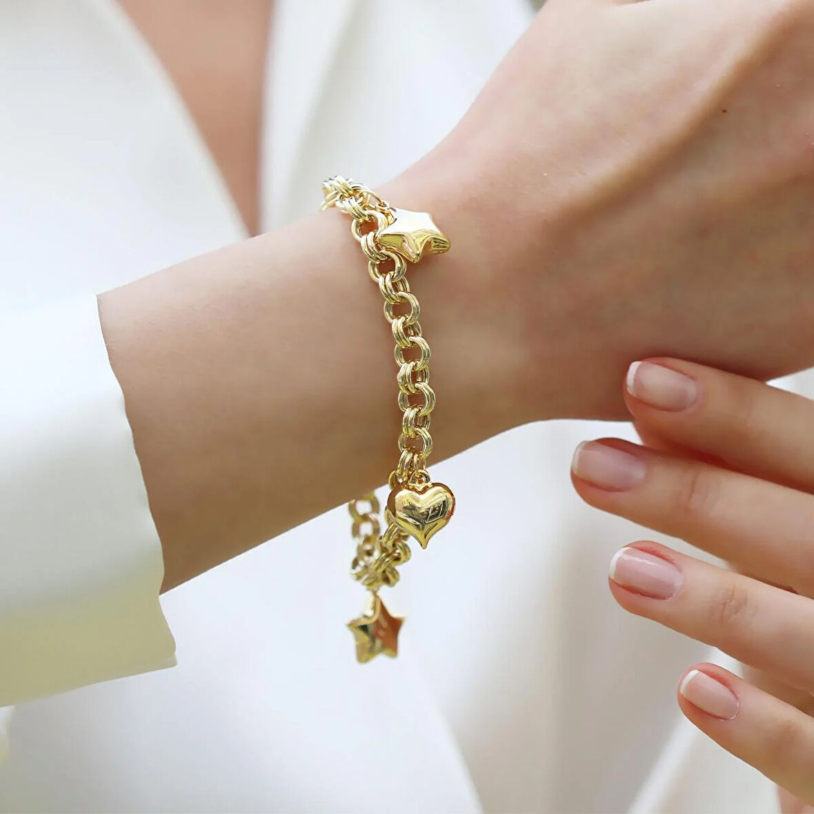 Kalp Yıldızlı Hallow Gold Gümüş Bileklik