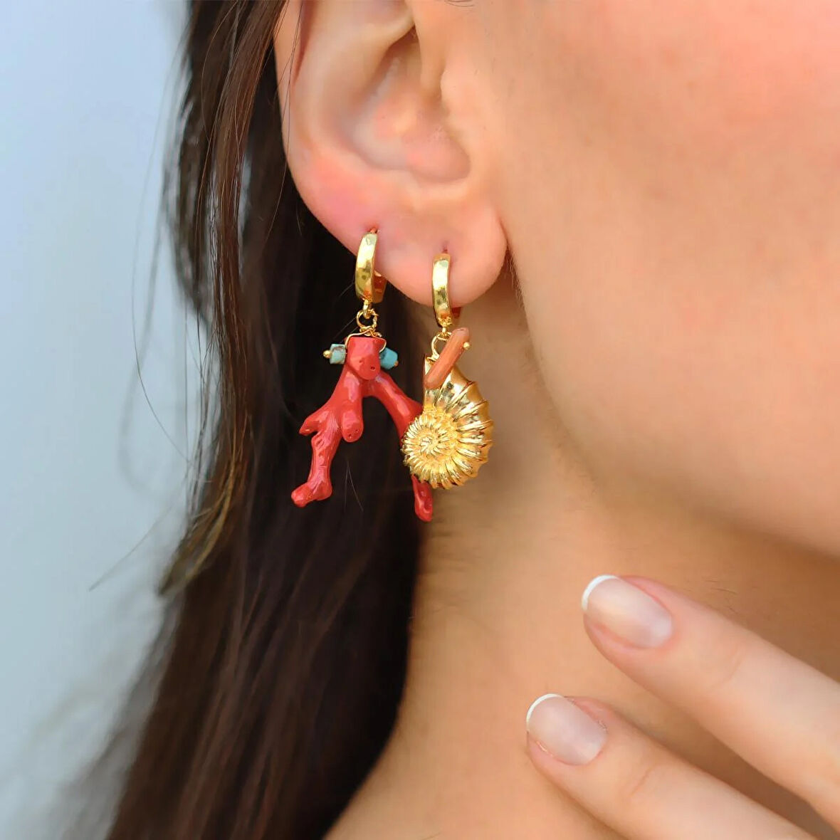 Mercan Deniz Kabuğu Gold Gümüş Küpe