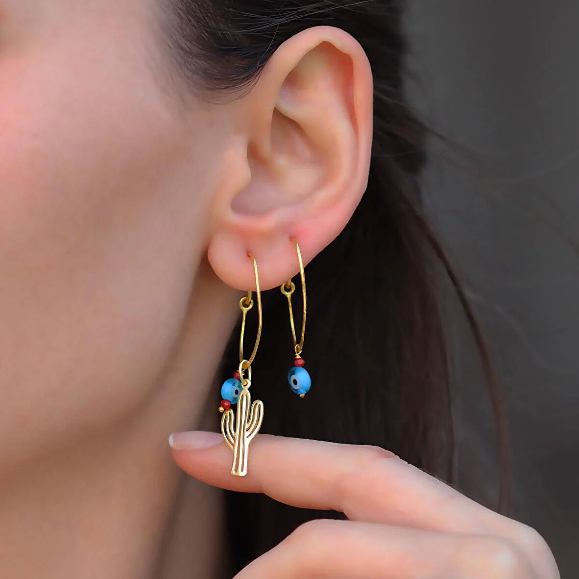 Kaktüs Nazar Gold Gümüş Küpe