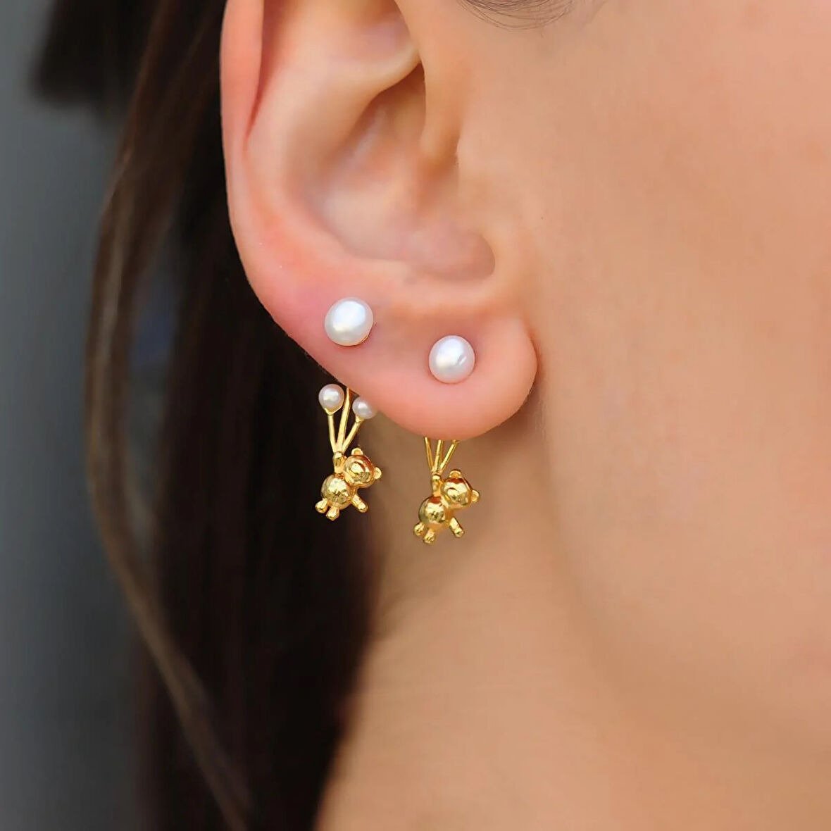 Ayıcık İncili Balon Gold Gümüş Küpe