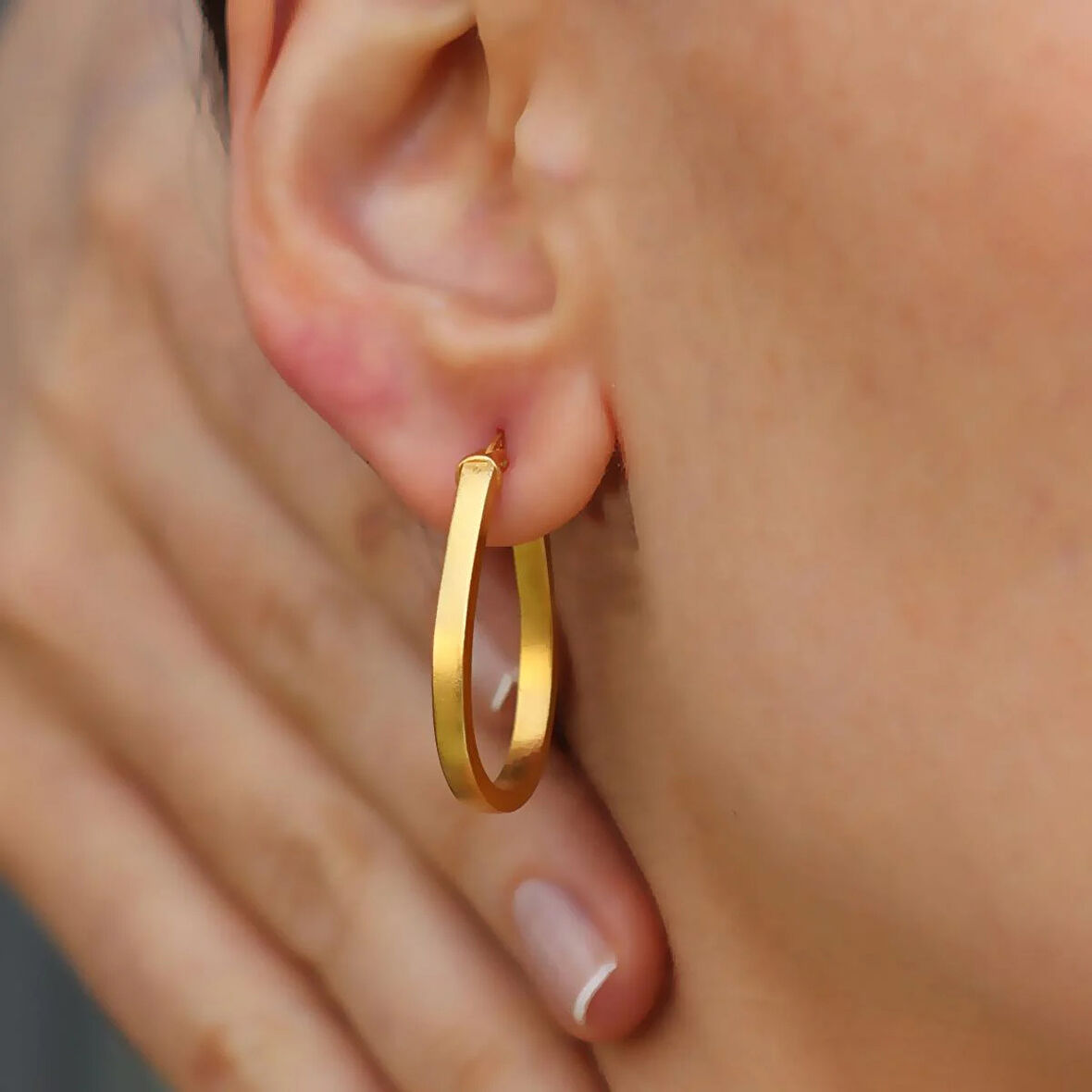 Elips Mat Gold Gümüş Halka Küpe