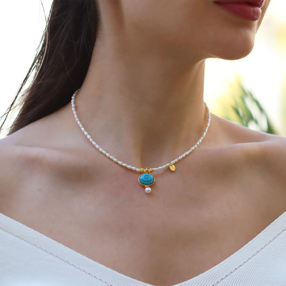 Göz Turkuaz İncili Gold Doğaltaşlı Gümüş Kolye