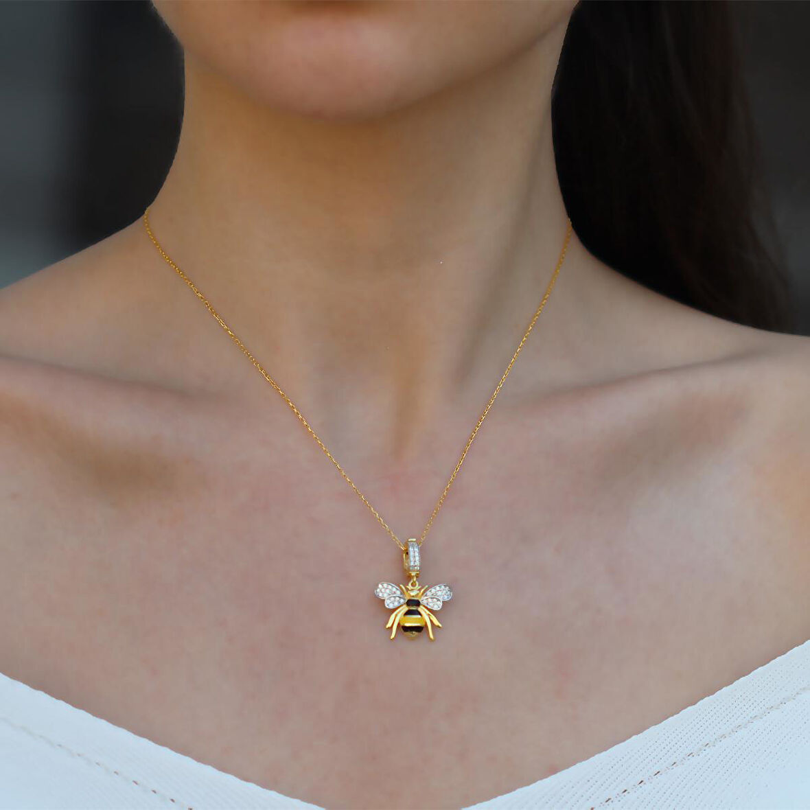 Arı Chrm Mineli Gold Gümüş Kolye