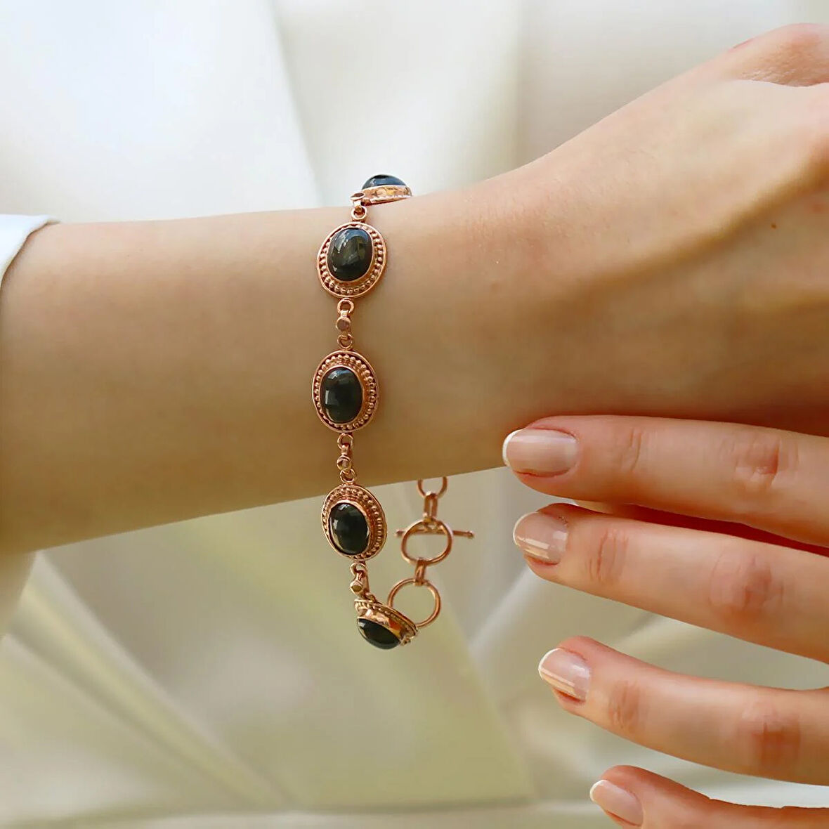 Oval Onix Taşlı Rose Gold Gümüş Bileklik