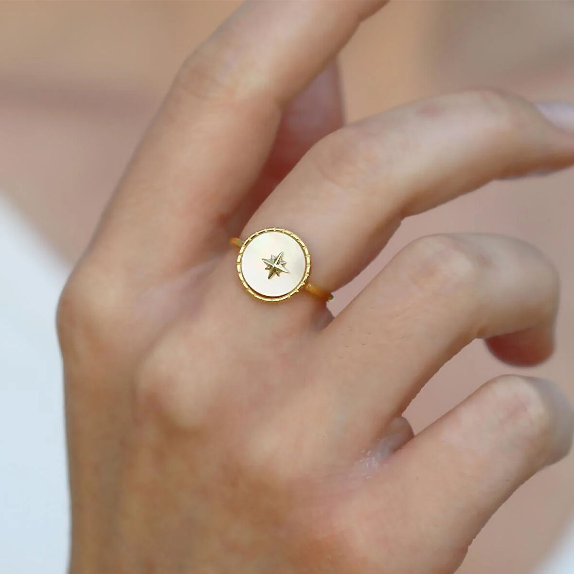 Sedefli Kutup Yıldızı Gold Gümüş Yüzük