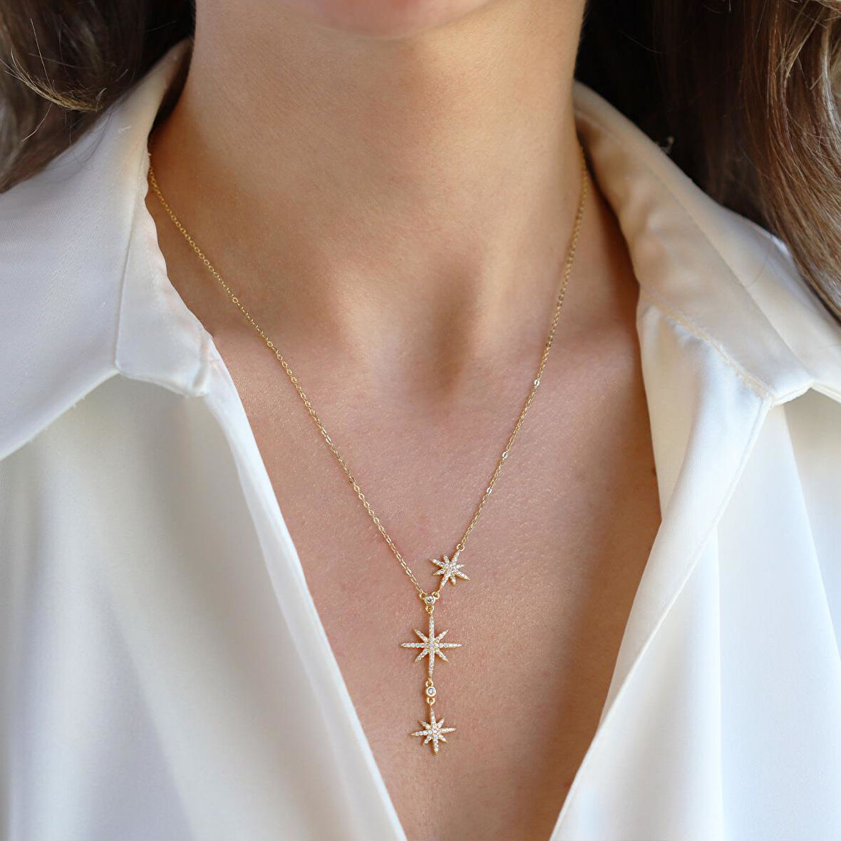 Kutup Yıldızı Zirkon Taşlı Gold Gümüş Kolye