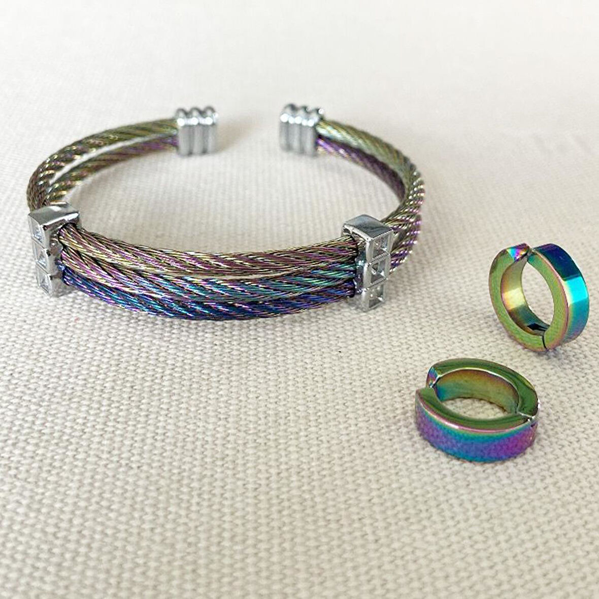 Renkli Hasır Çelik Kelepçe Küpe Set