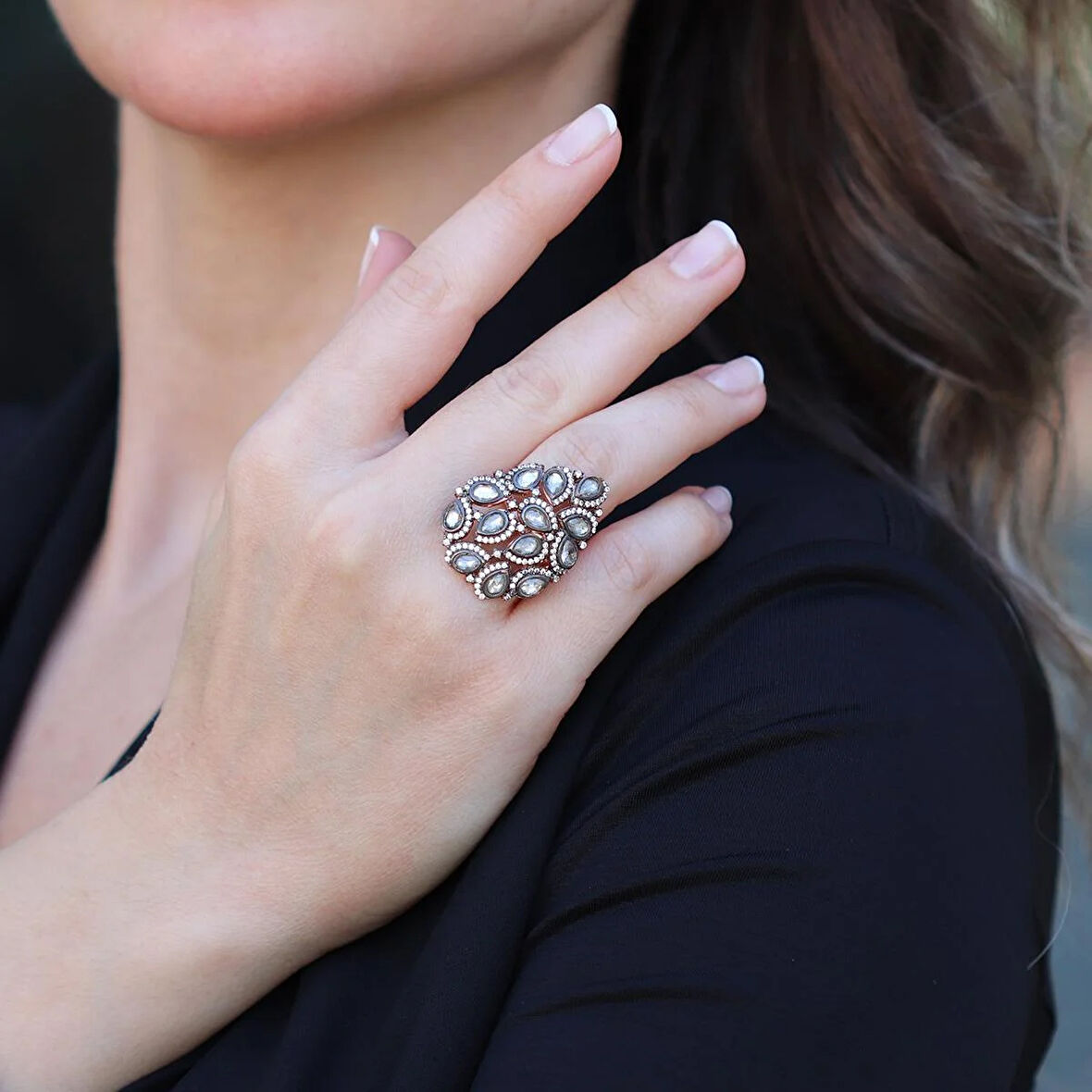 Damla Elmas Montür Modeli Rose Gold Gümüş Yüzük