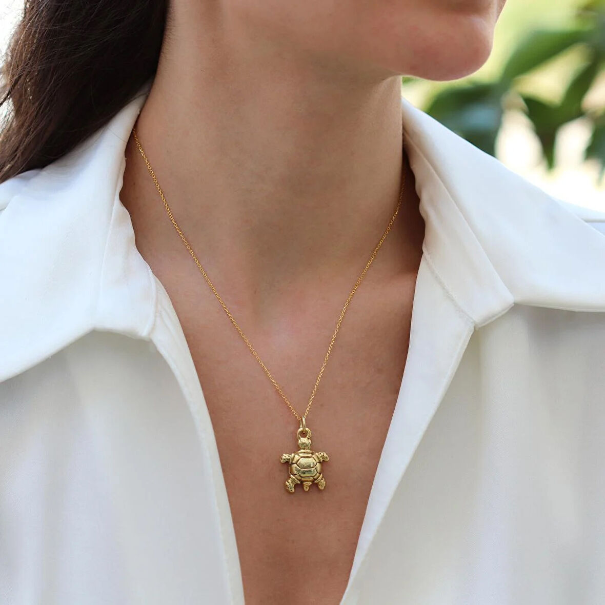 Kaplumbağa Bombeli Gold Gümüş Kolye