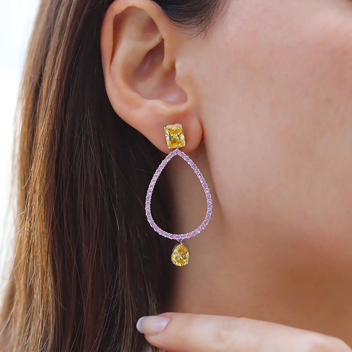 Sitrin Taşlı Damla Gümüş Küpe