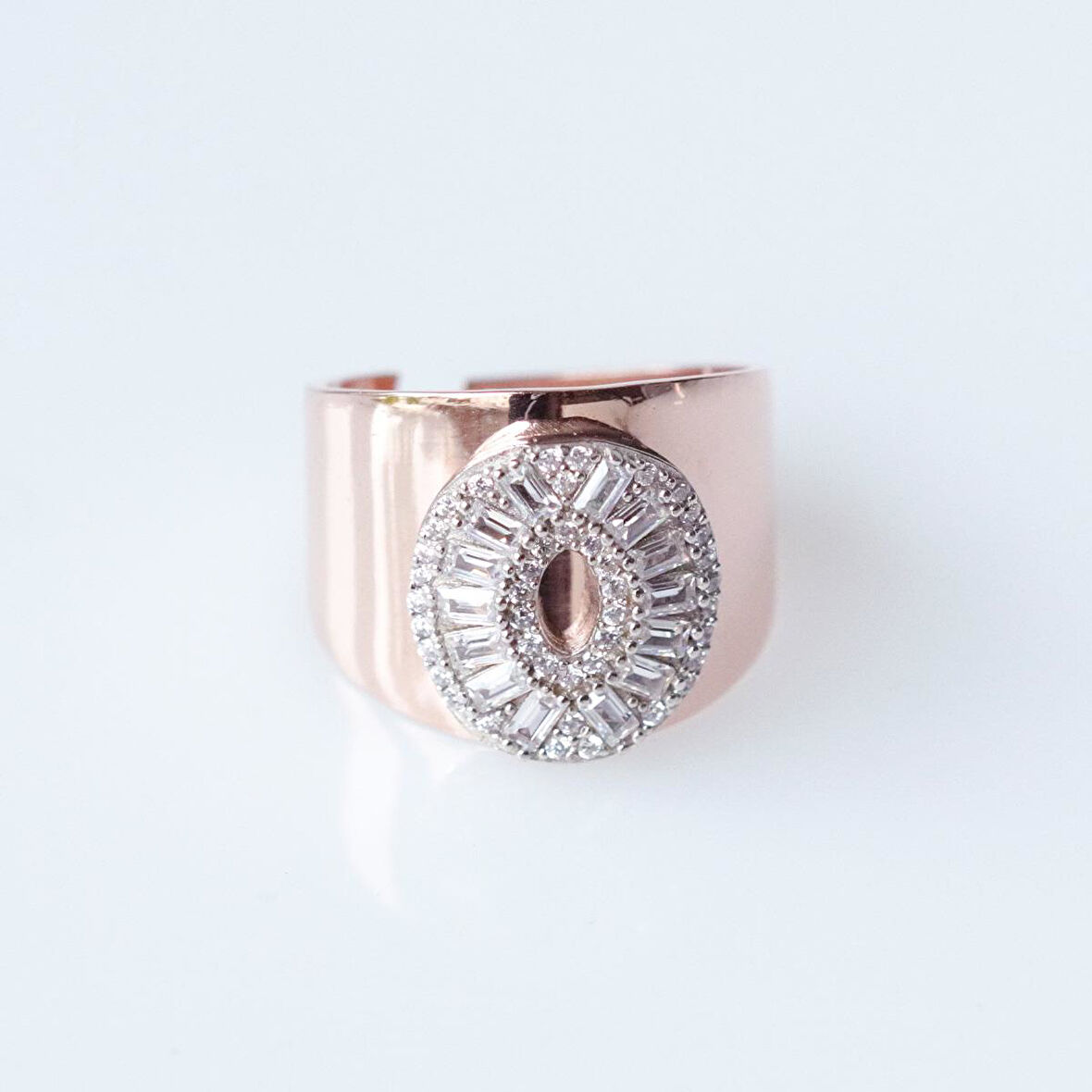 O Harfi Baget Taşlı Rose Gold Kaplama Gümüş Yüzük