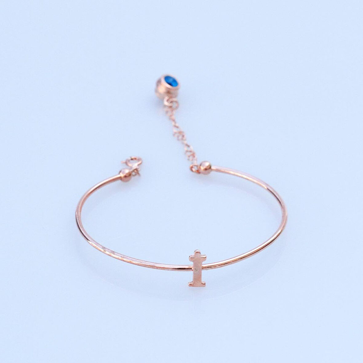 Rose Gold Kaplama Nazar Boncuklu İ Harfi Gümüş Bileklik