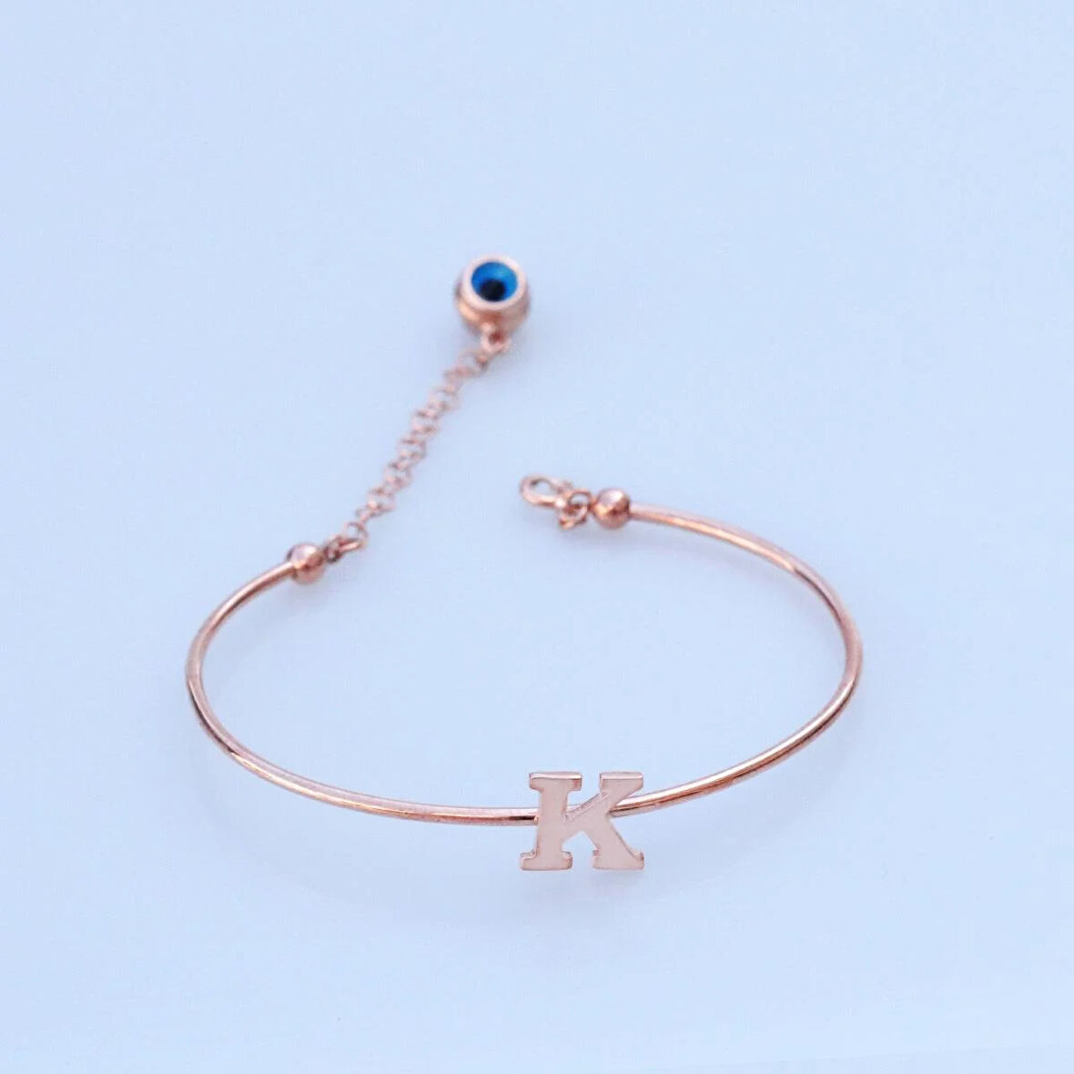Rose Gold Kaplama Nazar Boncuklu K Harfi Gümüş Bileklik