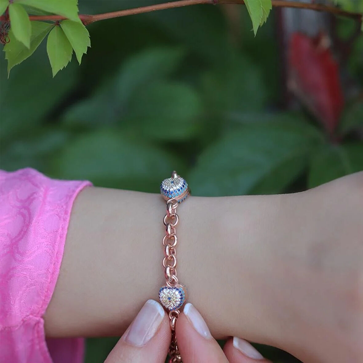 Kalp Nazar Boncuklu Zirkon Taşlı Rose Gold Kaplama Zincir Bileklik