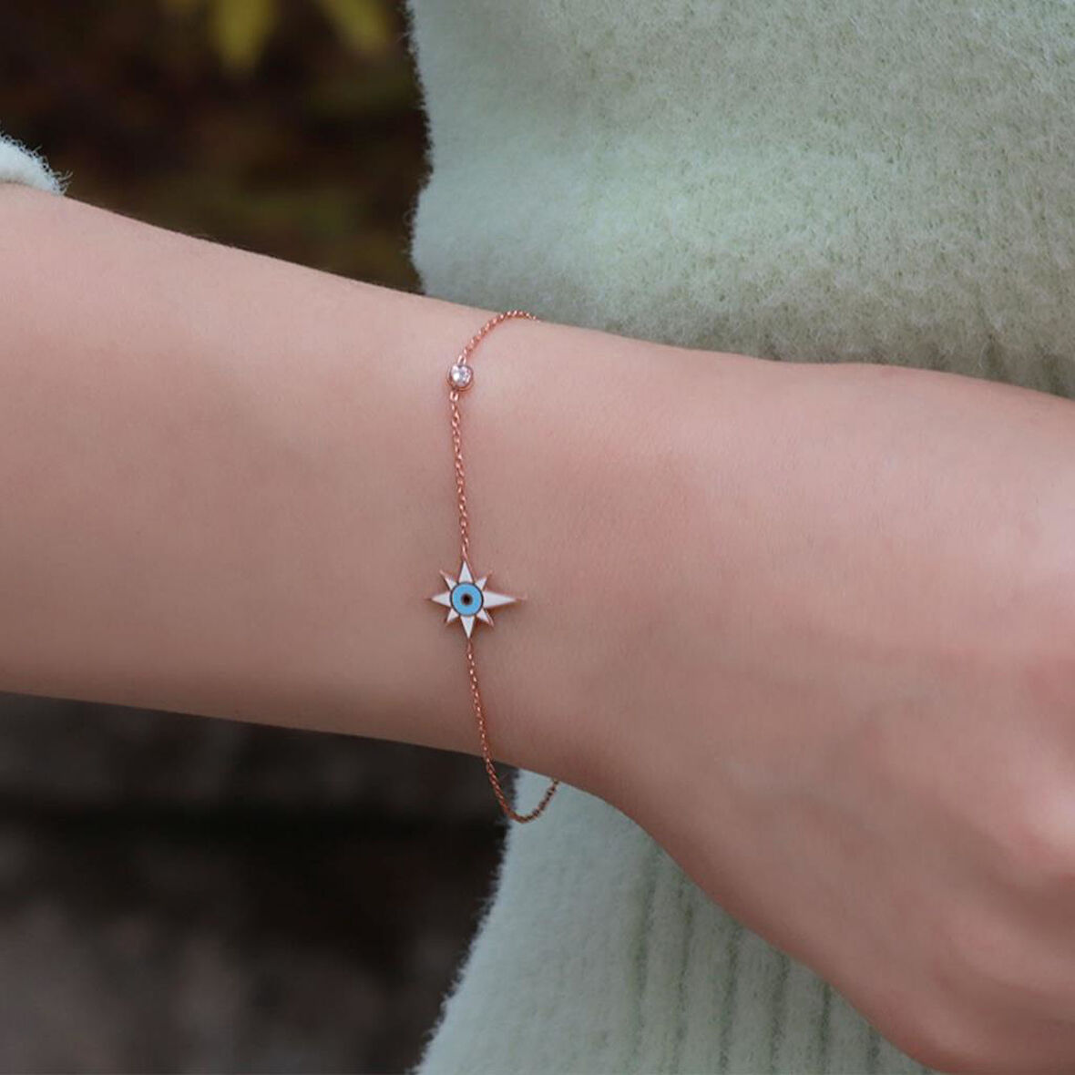 Kutup Yıldızı Figürlü Zirkon Taşlı Mine İşli Rose Gold Kaplama Gümüş Bileklik