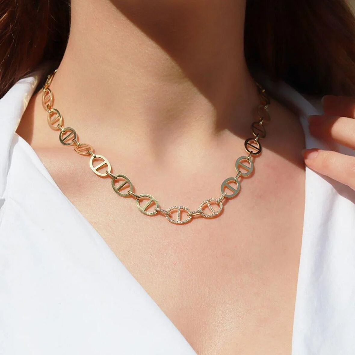 Trend Düğme Modeli Zirkon Taşlı Gold Kaplama Gümüş Kolye