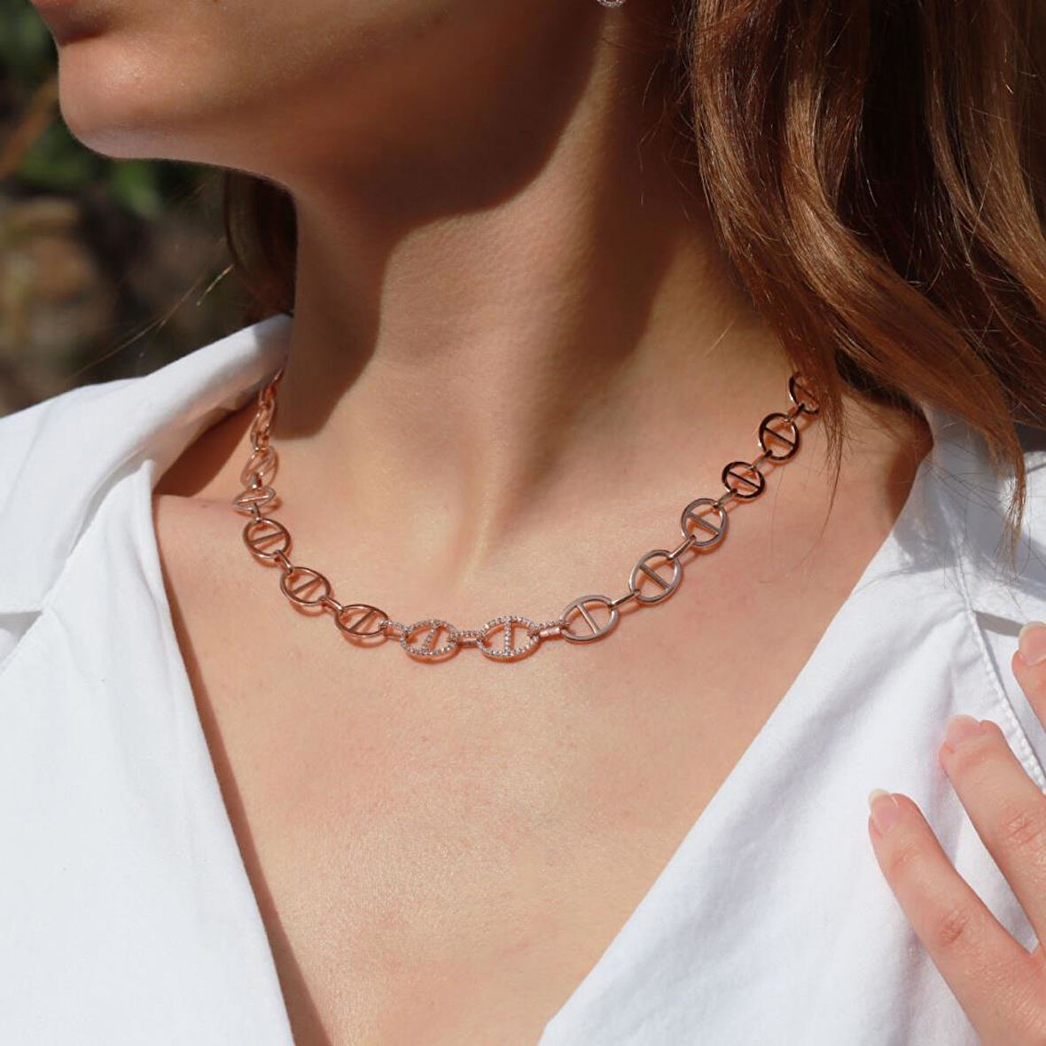 Trend Düğme Modeli Zirkon Taşlı Rose Gold Kaplama Gümüş Kolye