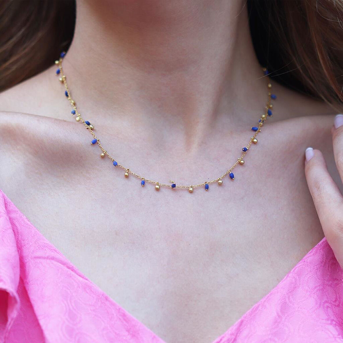 Lapis Taşlı Gold Kaplama Trend Gümüş Kolye